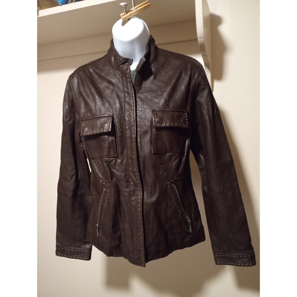 Chicos Brown Genuine Leather Jacket Whipstitch Detail Zip Front Size 0 XS